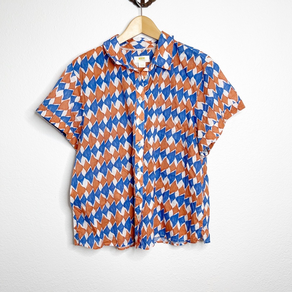 Maeve Anthropologie Blue Orange Harlequin Diamond Button Down Shirt Large